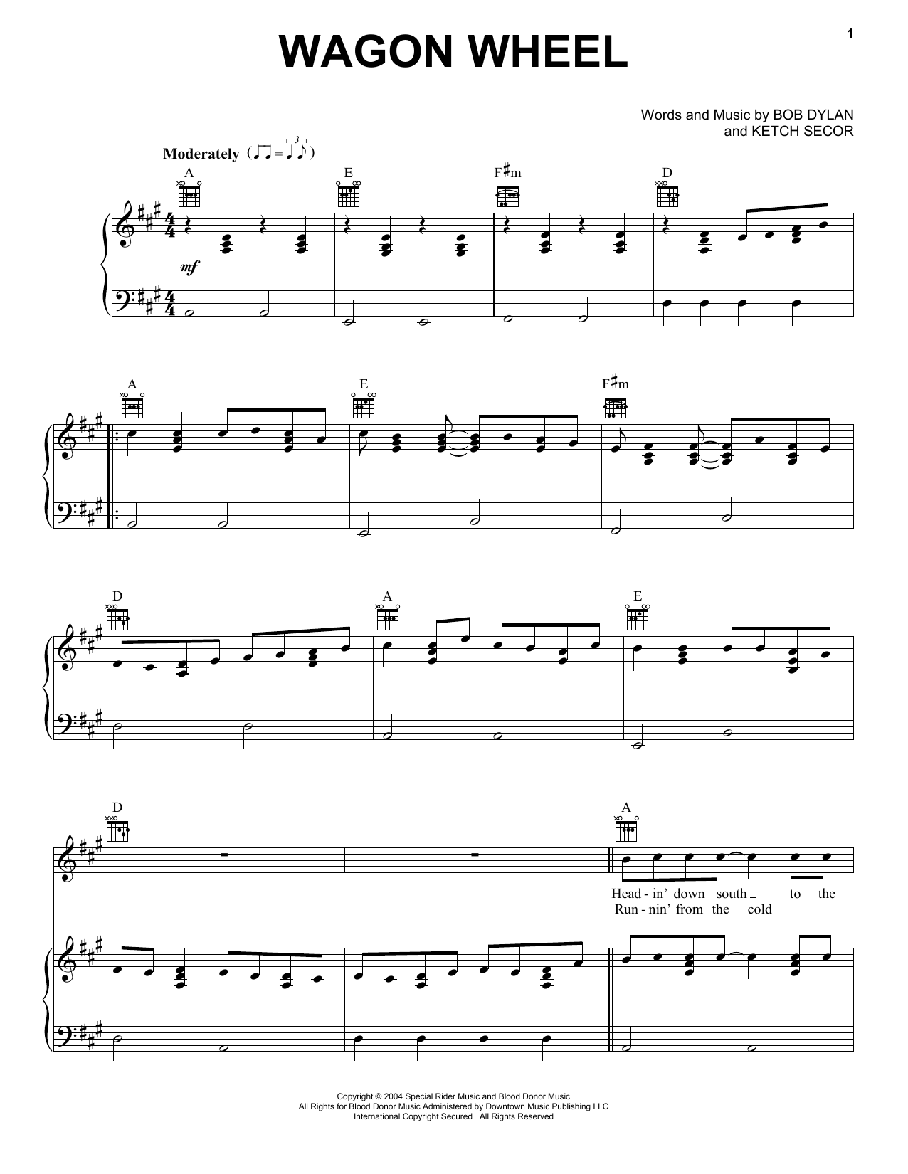 Darius Rucker Wagon Wheel sheet music notes and chords. Download Printable PDF.