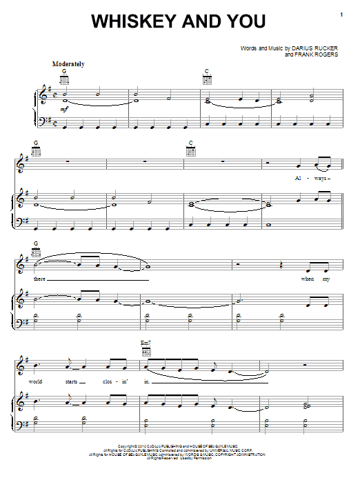 Learn to play Darius Rucker Whiskey And You sheet music for Piano, Vocal & Guitar Chords (Right-Hand Melody) in minutes. Price: 7.8900$ Darius Rucker Whiskey And You sheet music notes and chords arranged for Piano, Vocal & Guitar Chords (Right-Hand Melody)