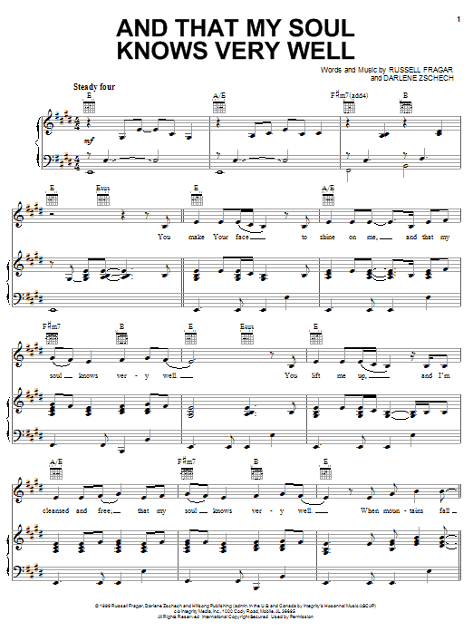 Learn to play Darlene Zschech And That My Soul Knows Very Well sheet music for Piano, Vocal & Guitar Chords (Right-Hand Melody) in minutes. Price: 7.8900$ Darlene Zschech And That My Soul Knows Very Well sheet music notes and chords arranged for Piano, Vocal & Guitar Chords (Right-Hand Melody)
