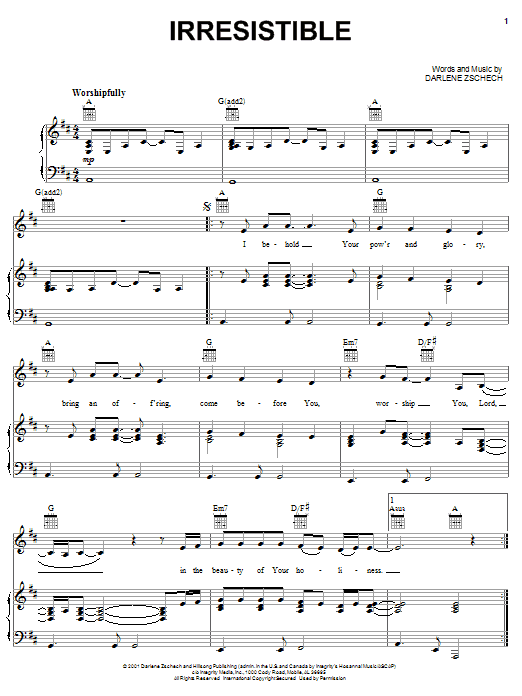 Learn to play Darlene Zschech Irresistible sheet music for Piano, Vocal & Guitar Chords (Right-Hand Melody) in minutes. Price: 7.8900$ Darlene Zschech Irresistible sheet music notes and chords arranged for Piano, Vocal & Guitar Chords (Right-Hand Melody)