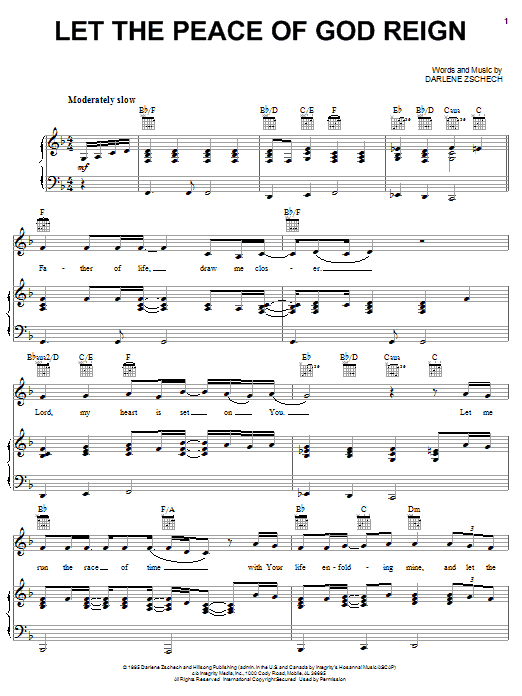 Learn to play Darlene Zschech Let The Peace Of God Reign sheet music for Piano, Vocal & Guitar Chords (Right-Hand Melody) in minutes. Price: 7.8900$ Darlene Zschech Let The Peace Of God Reign sheet music notes and chords arranged for Piano, Vocal & Guitar Chords (Right-Hand Melody)