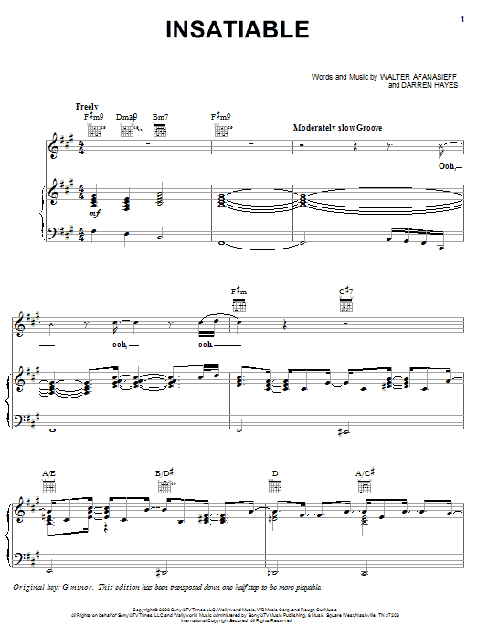 Learn to play Darren Hayes Insatiable sheet music for Piano, Vocal & Guitar Chords (Right-Hand Melody) in minutes. Price: 7.8900$ Darren Hayes Insatiable sheet music notes and chords arranged for Piano, Vocal & Guitar Chords (Right-Hand Melody)