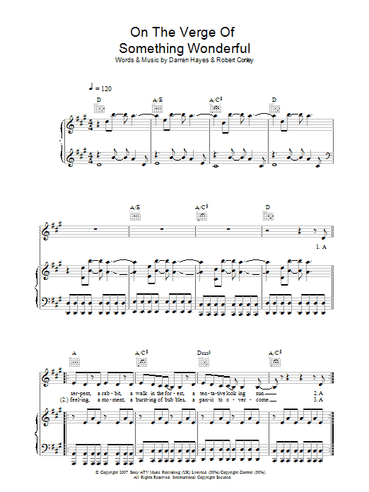 Learn to play Darren Hayes On The Verge Of Something Wonderful sheet music for Piano, Vocal & Guitar Chords in minutes. Price: 7.8900$ Darren Hayes On The Verge Of Something Wonderful sheet music notes and chords arranged for Piano, Vocal & Guitar Chords