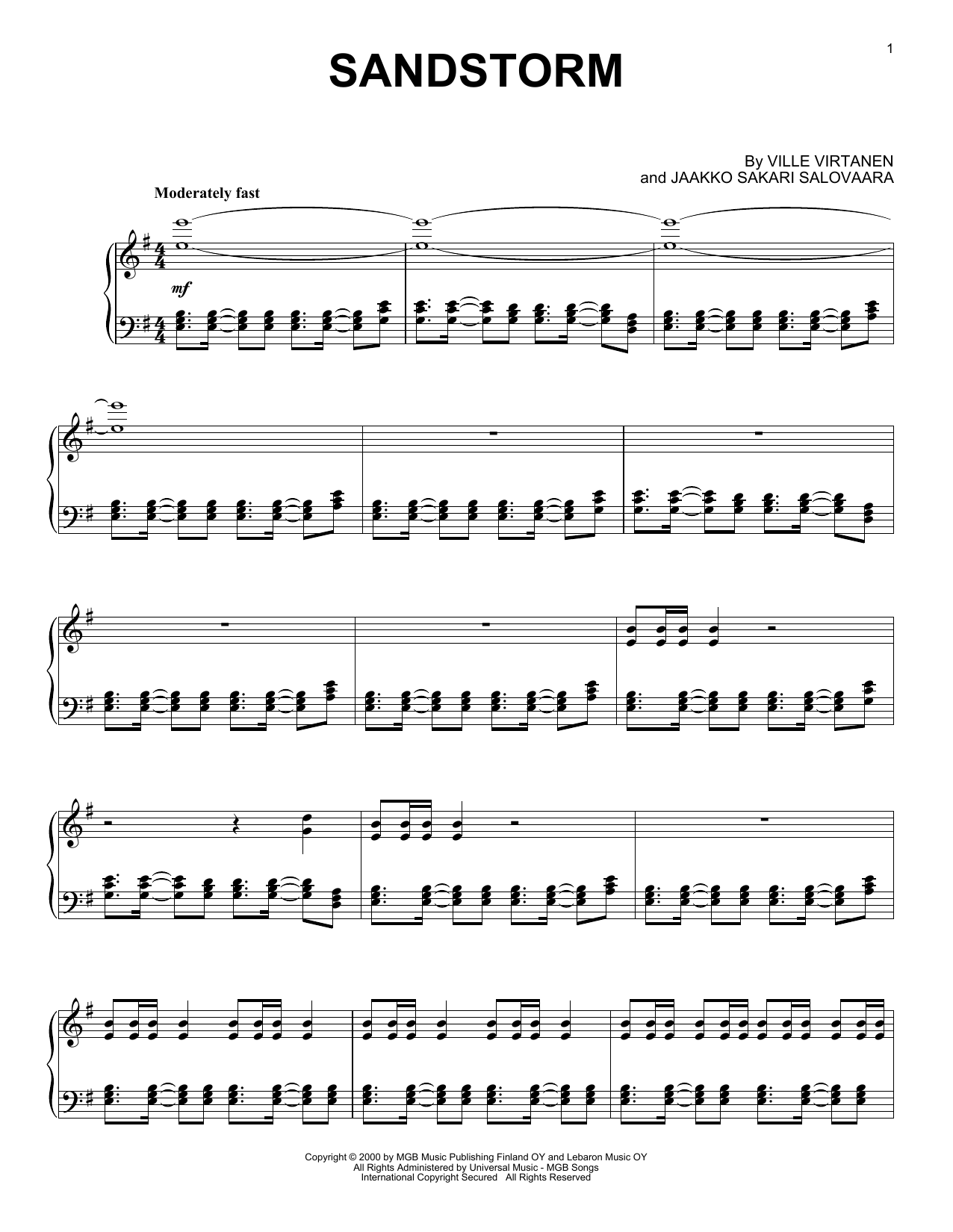 Darude Sandstorm sheet music notes and chords. Download Printable PDF.