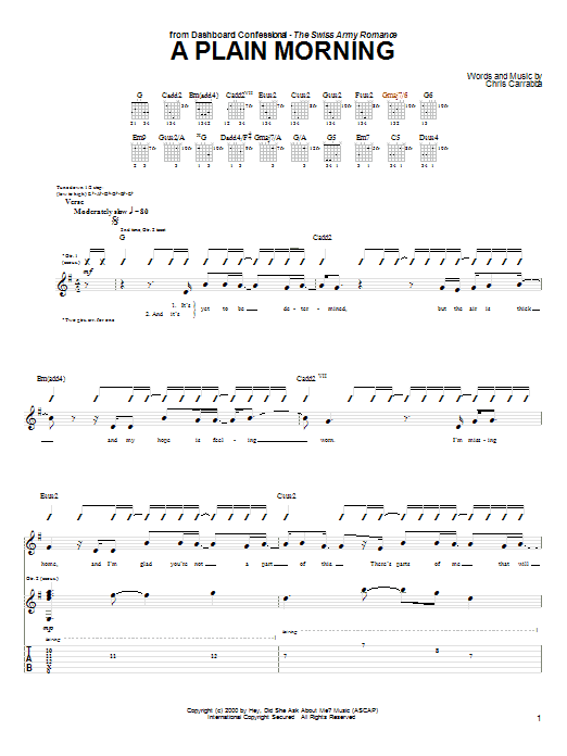 Learn to play Dashboard Confessional A Plain Morning sheet music for Guitar Tab in minutes. Price: 7.8900$ Dashboard Confessional A Plain Morning sheet music notes and chords arranged for Guitar Tab