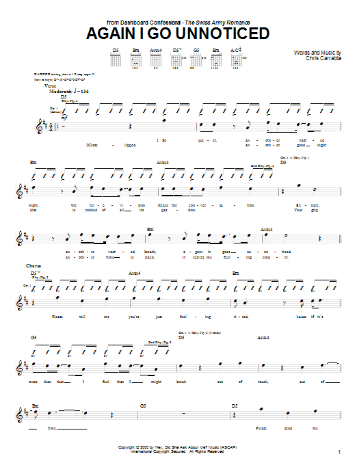 Dashboard Confessional Again I Go Unnoticed sheet music notes and chords arranged for Guitar Tab