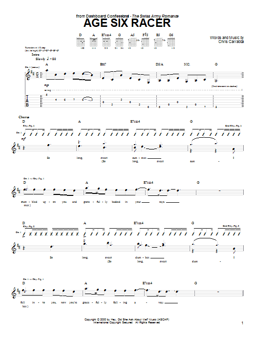 Learn to play Dashboard Confessional Age Six Racer sheet music for Guitar Tab in minutes. Price: 7.8900$ Dashboard Confessional Age Six Racer sheet music notes and chords arranged for Guitar Tab