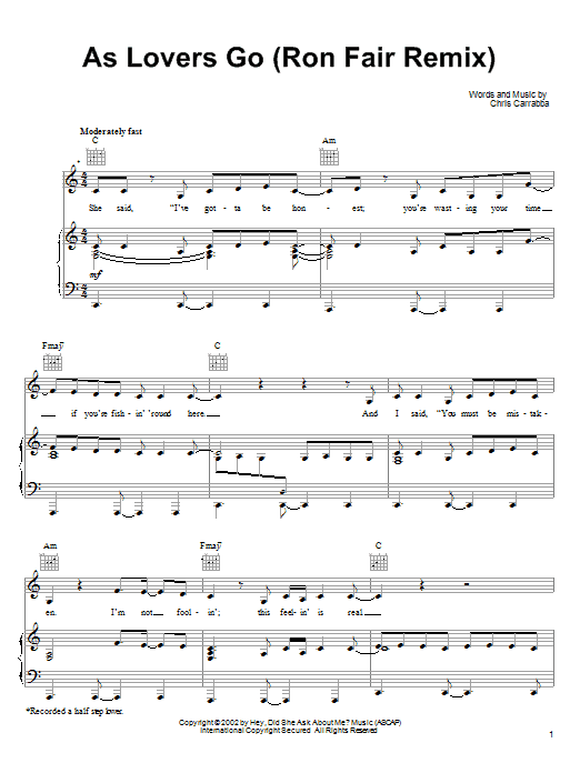 Learn to play Dashboard Confessional As Lovers Go sheet music for Piano, Vocal & Guitar Chords (Right-Hand Melody) in minutes. Price: 7.8900$ Dashboard Confessional As Lovers Go sheet music notes and chords arranged for Piano, Vocal & Guitar Chords (Right-Hand Melody)