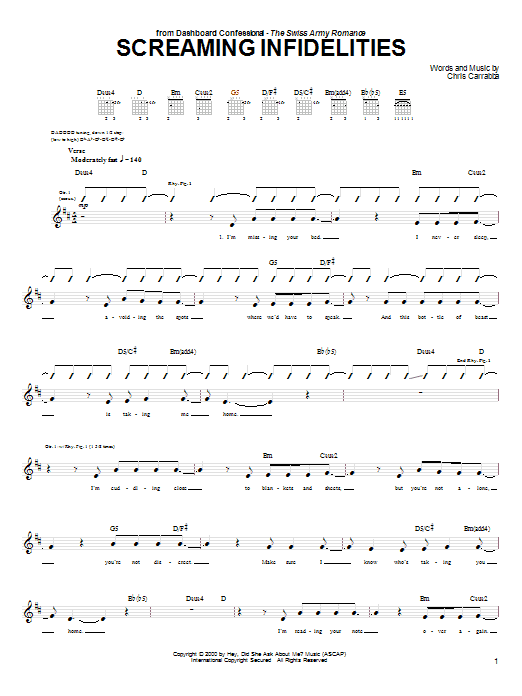 Learn to play Dashboard Confessional Screaming Infidelities sheet music for Guitar Tab in minutes. Price: 7.8900$ Dashboard Confessional Screaming Infidelities sheet music notes and chords arranged for Guitar Tab