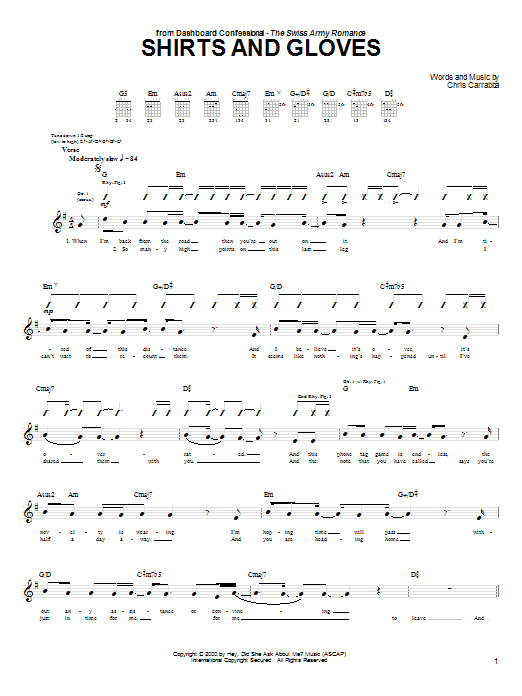 Learn to play Dashboard Confessional Shirts And Gloves sheet music for Guitar Tab in minutes. Price: 7.8900$ Dashboard Confessional Shirts And Gloves sheet music notes and chords arranged for Guitar Tab