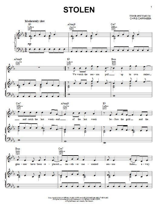 Dashboard Confessional Stolen sheet music notes and chords. Download Printable PDF.