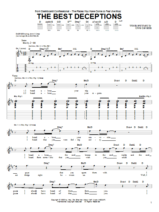 Learn to play Dashboard Confessional The Best Deceptions sheet music for Guitar Tab in minutes. Price: 7.8900$ Dashboard Confessional The Best Deceptions sheet music notes and chords arranged for Guitar Tab