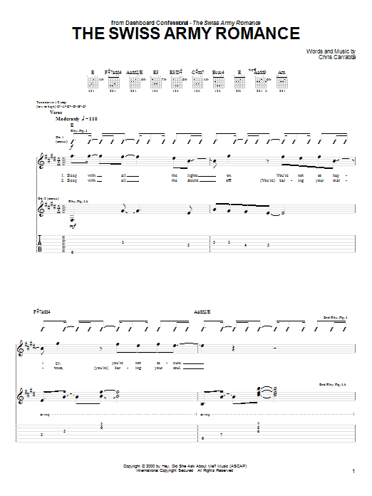 Learn to play Dashboard Confessional The Swiss Army Romance sheet music for Guitar Tab in minutes. Price: 7.8900$ Dashboard Confessional The Swiss Army Romance sheet music notes and chords arranged for Guitar Tab