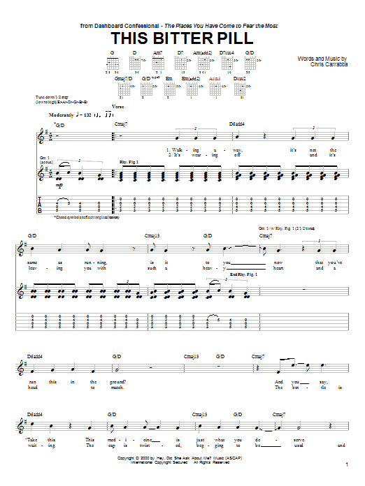 Learn to play Dashboard Confessional This Bitter Pill sheet music for Guitar Tab in minutes. Price: 7.8900$ Dashboard Confessional This Bitter Pill sheet music notes and chords arranged for Guitar Tab