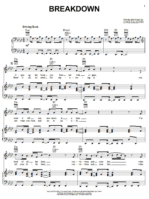 Learn to play Daughtry Breakdown sheet music for Piano, Vocal & Guitar Chords (Right-Hand Melody) in minutes. Price: 7.8900$ Daughtry Breakdown sheet music notes and chords arranged for Piano, Vocal & Guitar Chords (Right-Hand Melody)