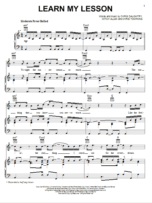 Learn to play Daughtry Learn My Lesson sheet music for Piano, Vocal & Guitar Chords (Right-Hand Melody) in minutes. Price: 7.8900$ Daughtry Learn My Lesson sheet music notes and chords arranged for Piano, Vocal & Guitar Chords (Right-Hand Melody)