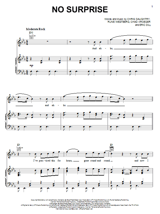 Learn to play Daughtry No Surprise sheet music for Piano, Vocal & Guitar Chords (Right-Hand Melody) in minutes. Price: 7.8900$ Daughtry No Surprise sheet music notes and chords arranged for Piano, Vocal & Guitar Chords (Right-Hand Melody)