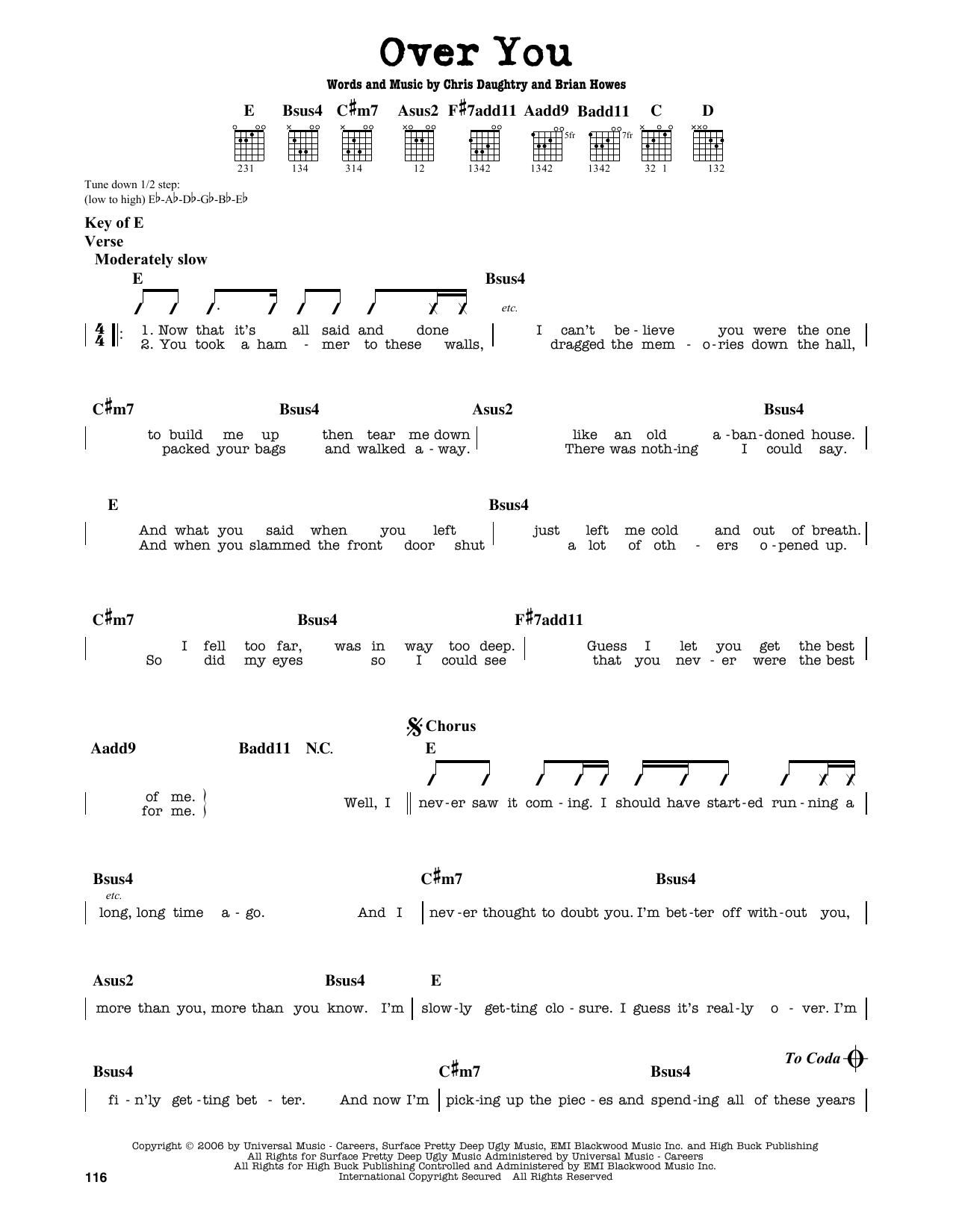 Daughtry Over You sheet music notes and chords. Download Printable PDF.