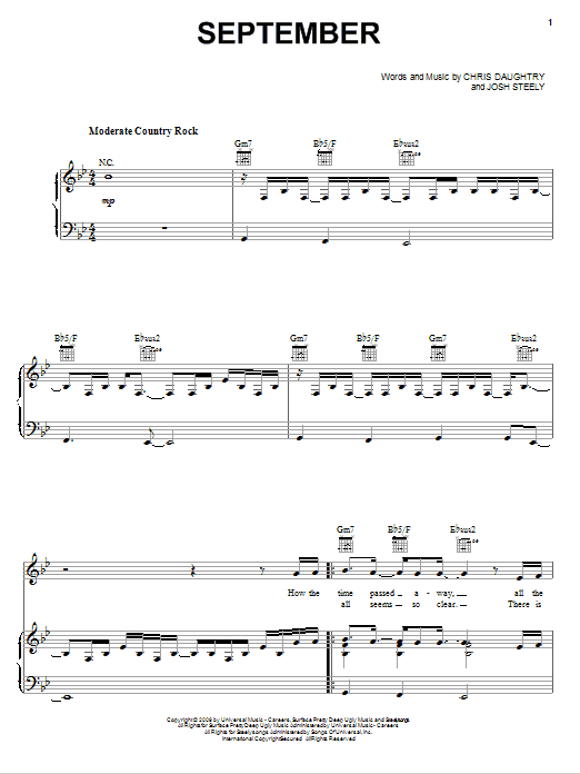 Learn to play Daughtry September sheet music for Piano, Vocal & Guitar Chords (Right-Hand Melody) in minutes. Price: 7.8900$ Daughtry September sheet music notes and chords arranged for Piano, Vocal & Guitar Chords (Right-Hand Melody)