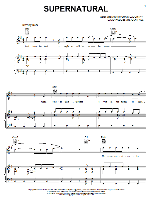 Learn to play Daughtry Supernatural sheet music for Piano, Vocal & Guitar Chords (Right-Hand Melody) in minutes. Price: 7.8900$ Daughtry Supernatural sheet music notes and chords arranged for Piano, Vocal & Guitar Chords (Right-Hand Melody)