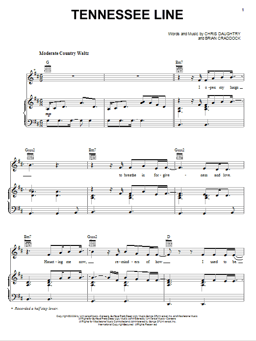 Learn to play Daughtry Tennessee Line sheet music for Piano, Vocal & Guitar Chords (Right-Hand Melody) in minutes. Price: 7.8900$ Daughtry Tennessee Line sheet music notes and chords arranged for Piano, Vocal & Guitar Chords (Right-Hand Melody)