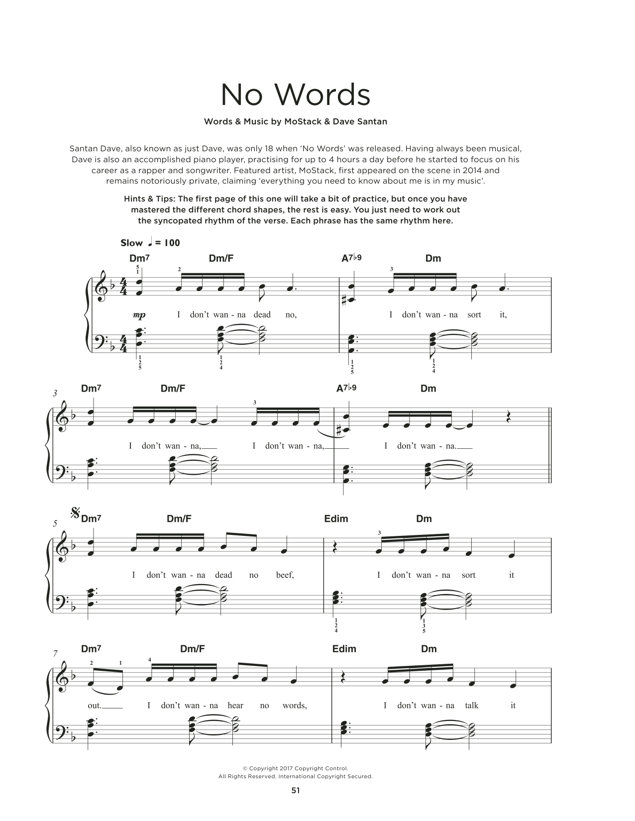 Dave and MoStack No Words sheet music notes and chords arranged for Really Easy Piano