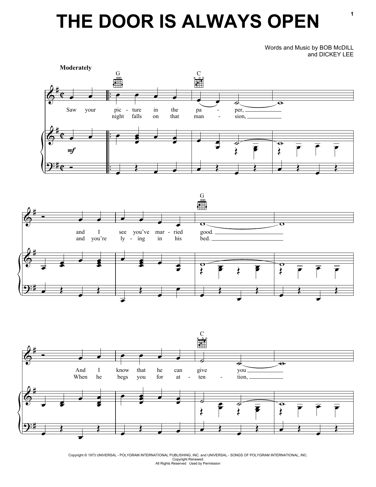 Learn to play Dave and Sugar The Door Is Always Open sheet music for Piano, Vocal & Guitar Chords (Right-Hand Melody) in minutes. Price: 7.8900$ Dave and Sugar The Door Is Always Open sheet music notes and chords arranged for Piano, Vocal & Guitar Chords (Right-Hand Melody)
