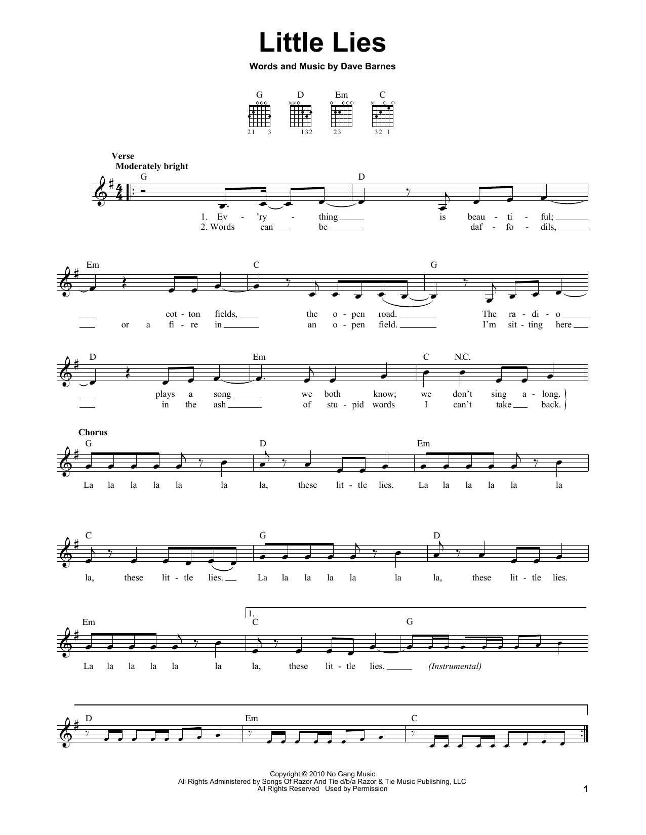 Dave Barnes Little Lies sheet music notes and chords. Download Printable PDF.