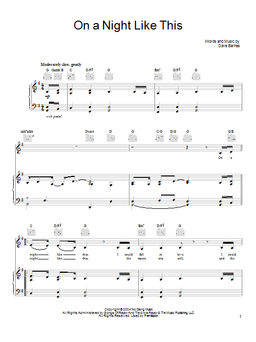 Learn to play Dave Barnes On A Night Like This sheet music for Piano, Vocal & Guitar Chords (Right-Hand Melody) in minutes. Price: 7.8900$ Dave Barnes On A Night Like This sheet music notes and chords arranged for Piano, Vocal & Guitar Chords (Right-Hand Melody)