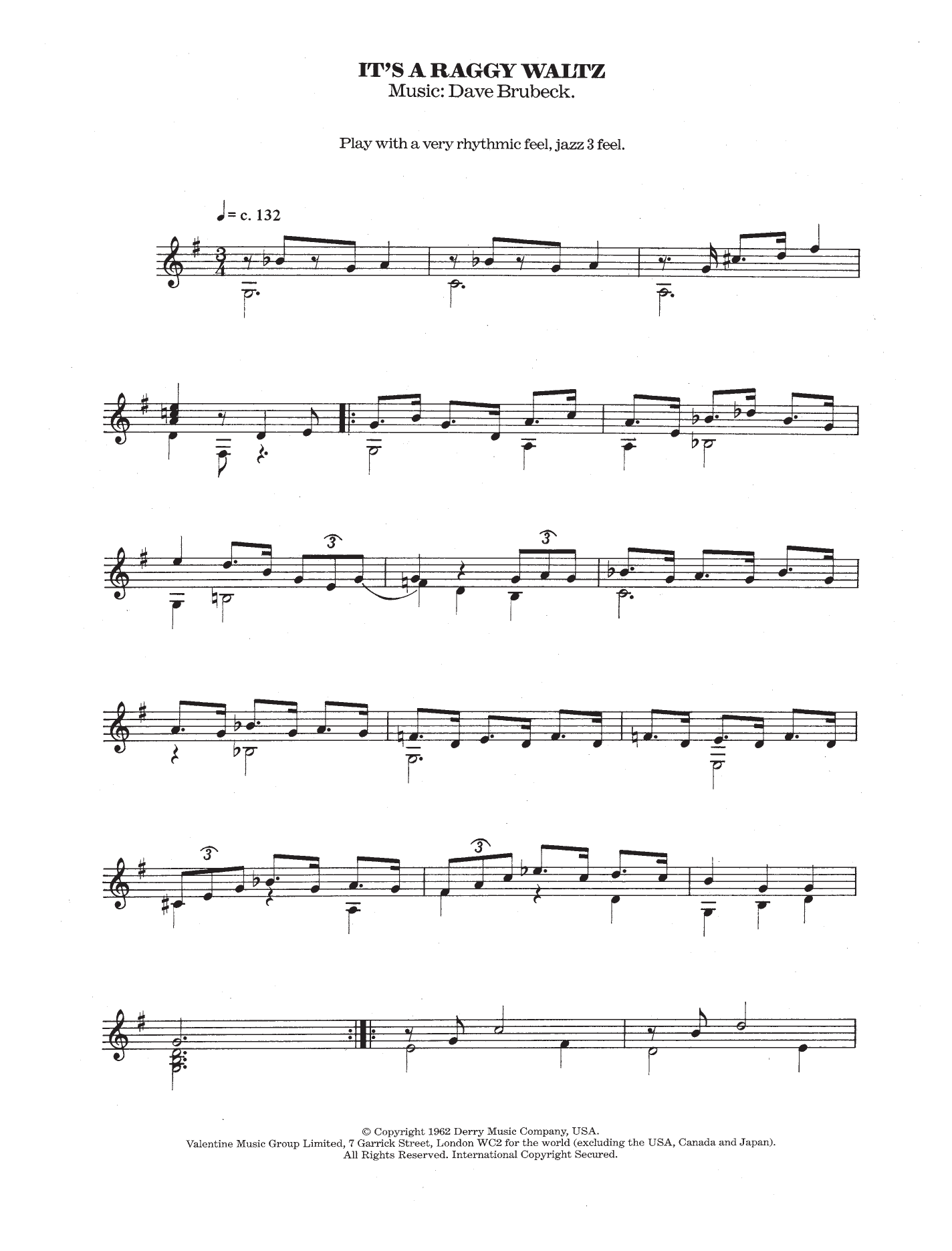 Dave Brubeck It's A Raggy Waltz sheet music notes and chords. Download Printable PDF.