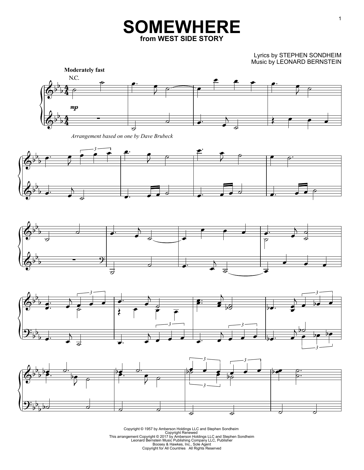 Dave Brubeck Somewhere [Jazz version] sheet music notes and chords arranged for Piano Solo