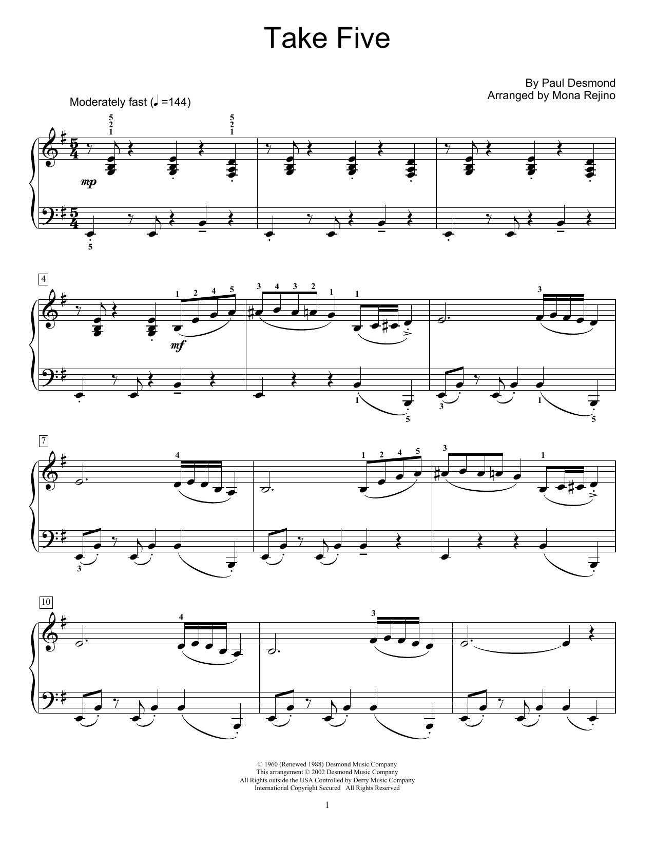 Dave Brubeck Take Five (arr. Mona Rejino) sheet music notes and chords. Download Printable PDF.