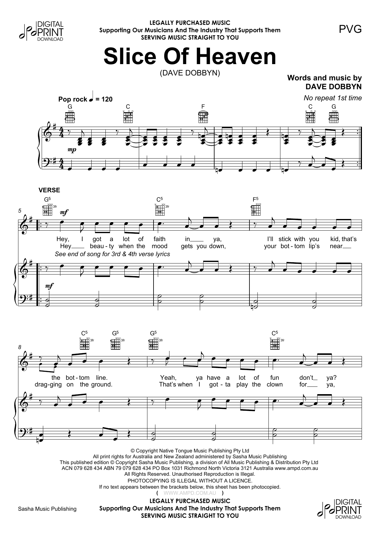 Dave Dobbyn Slice Of Heaven sheet music notes and chords arranged for Piano, Vocal & Guitar Chords (Right-Hand Melody)