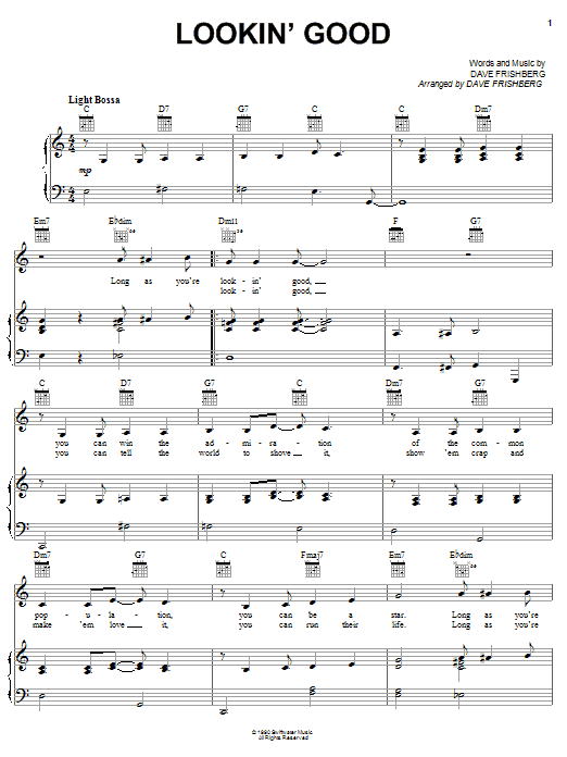 Learn to play Dave Frishberg Lookin' Good sheet music for Piano, Vocal & Guitar Chords (Right-Hand Melody) in minutes. Price: 7.8900$ Dave Frishberg Lookin' Good sheet music notes and chords arranged for Piano, Vocal & Guitar Chords (Right-Hand Melody)