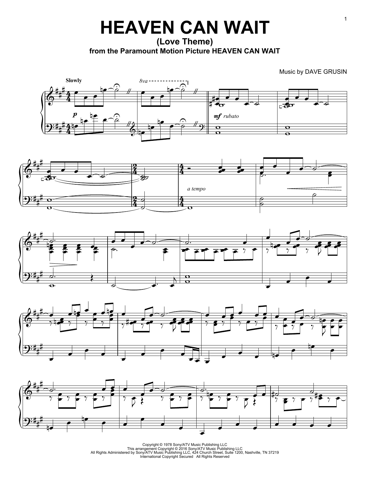 Dave Grusin Heaven Can Wait (Love Theme) sheet music notes and chords arranged for Piano Solo