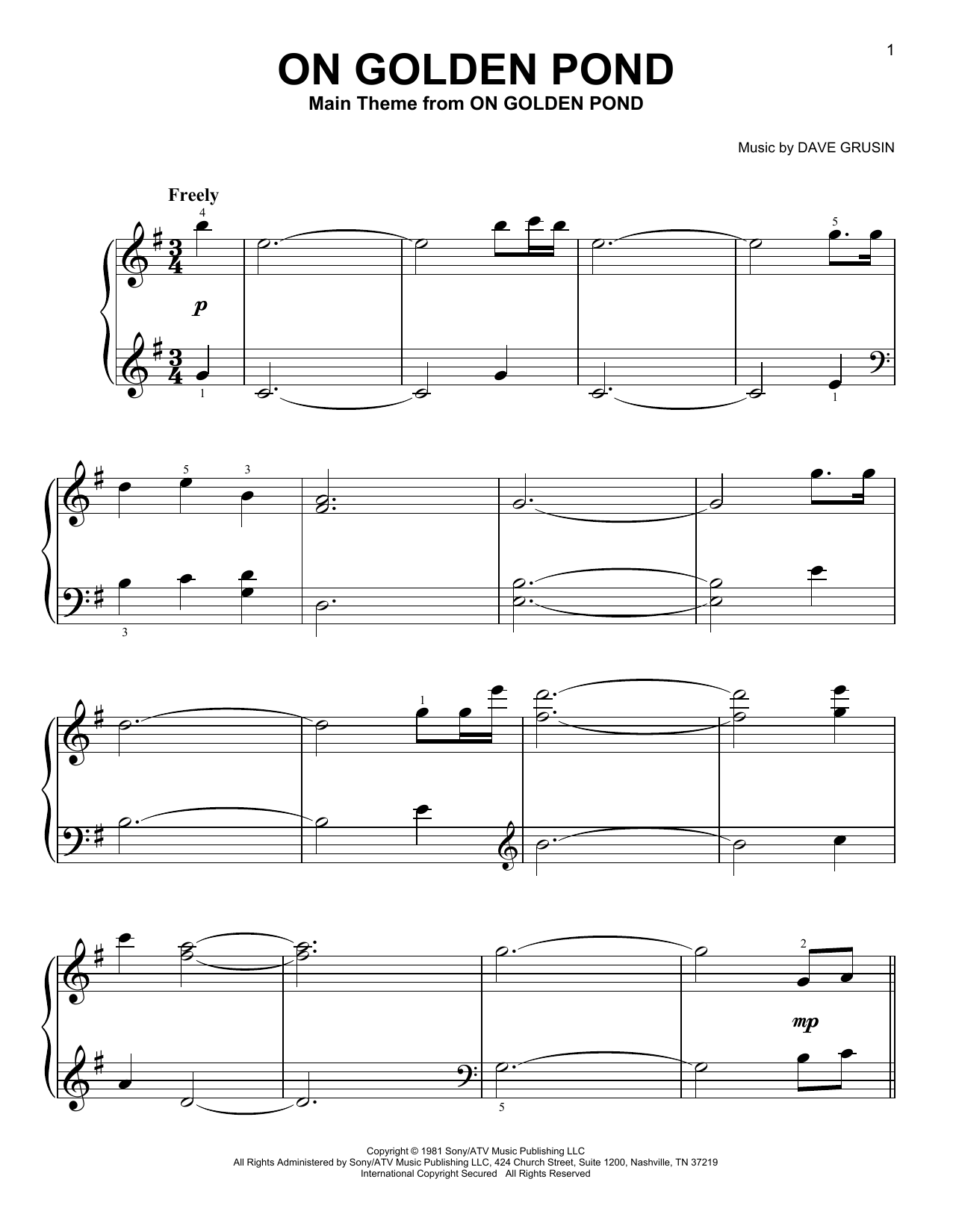 Dave Grusin On Golden Pond (from On Golden Pond) sheet music notes and chords. Download Printable PDF.