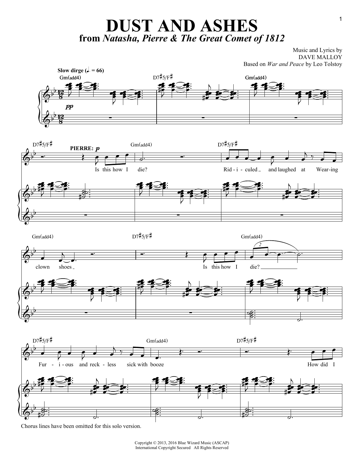 Dave Malloy Dust And Ashes [Solo version] (from Natasha, Pierre & The Great Comet of 1812) sheet music notes and chords. Download Printable PDF.