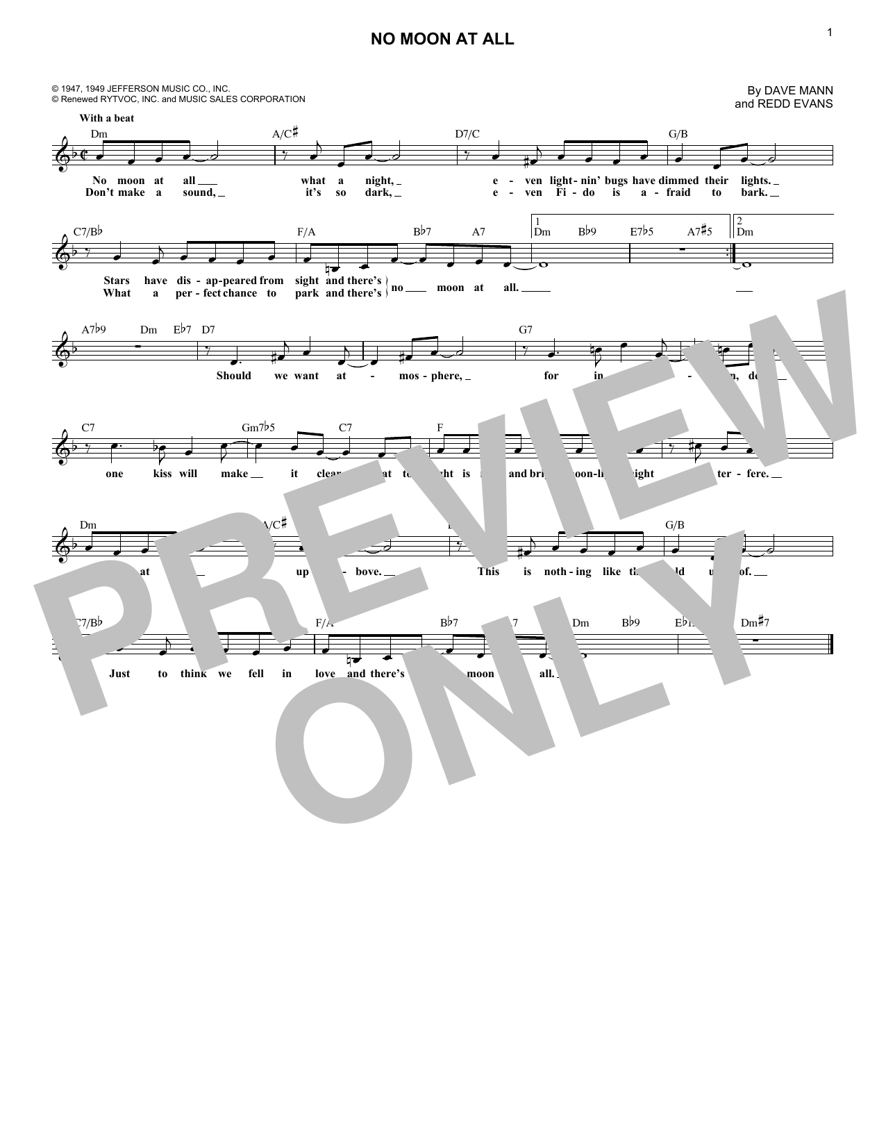 Dave Mann No Moon At All sheet music notes and chords. Download Printable PDF.