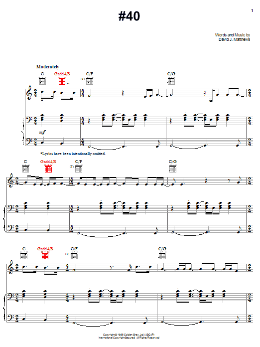 Learn to play Dave Matthews Band #40 sheet music for Piano, Vocal & Guitar Chords (Right-Hand Melody) in minutes. Price: 7.8900$ Dave Matthews Band #40 sheet music notes and chords arranged for Piano, Vocal & Guitar Chords (Right-Hand Melody)