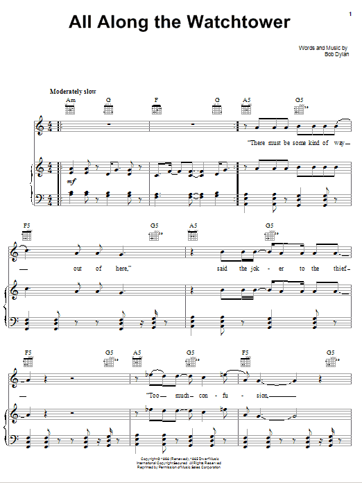 Learn to play Dave Matthews Band All Along The Watchtower sheet music for Piano, Vocal & Guitar Chords (Right-Hand Melody) in minutes. Price: 7.8900$ Dave Matthews Band All Along The Watchtower sheet music notes and chords arranged for Piano, Vocal & Guitar Chords (Right-Hand Melody)