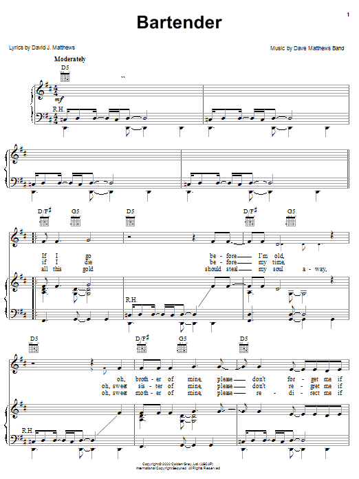 Learn to play Dave Matthews Band Bartender sheet music for Piano, Vocal & Guitar Chords (Right-Hand Melody) in minutes. Price: 7.8900$ Dave Matthews Band Bartender sheet music notes and chords arranged for Piano, Vocal & Guitar Chords (Right-Hand Melody)