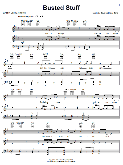 Learn to play Dave Matthews Band Busted Stuff sheet music for Piano, Vocal & Guitar Chords (Right-Hand Melody) in minutes. Price: 7.8900$ Dave Matthews Band Busted Stuff sheet music notes and chords arranged for Piano, Vocal & Guitar Chords (Right-Hand Melody)