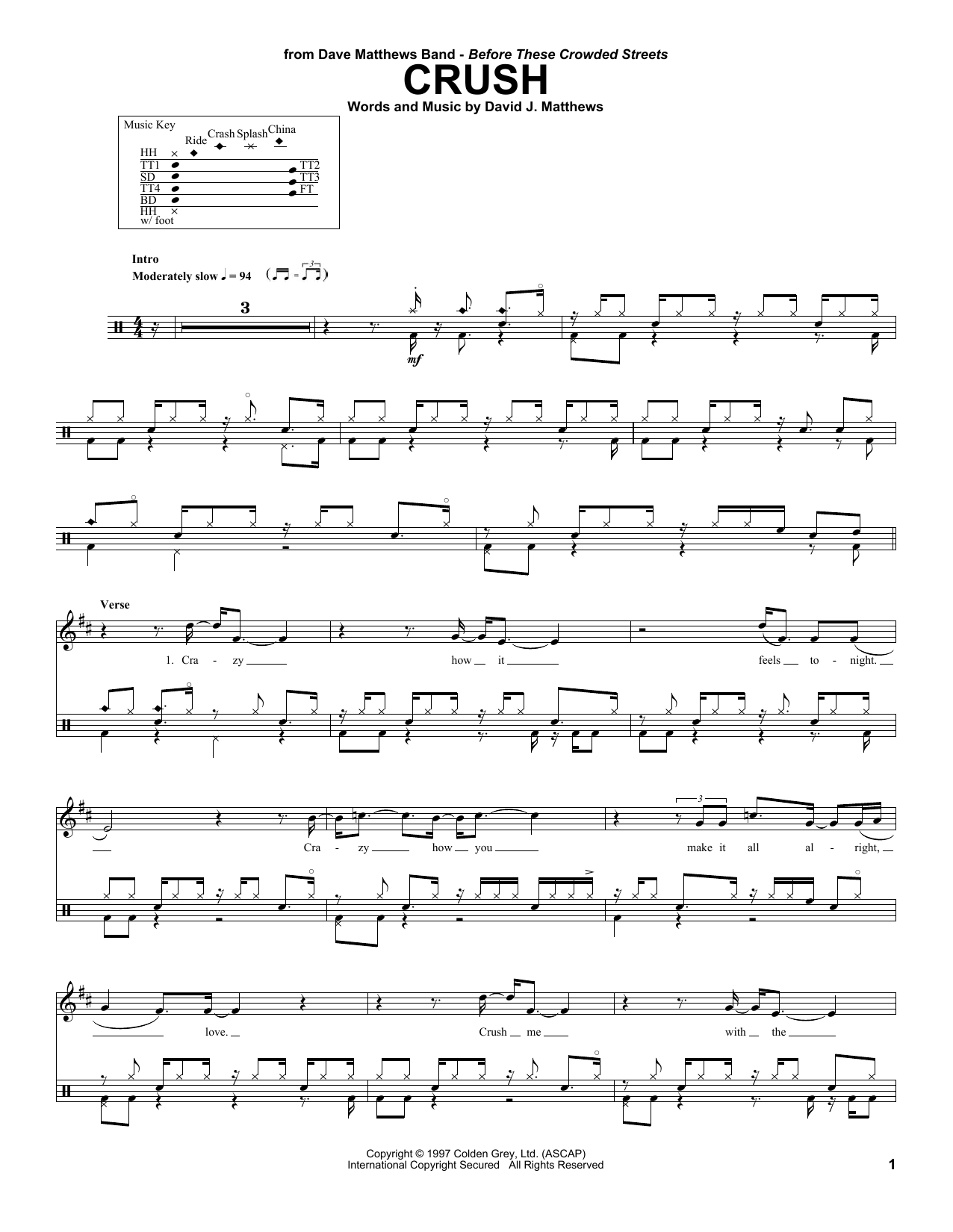 Dave Matthews Band Crush sheet music notes and chords. Download Printable PDF.