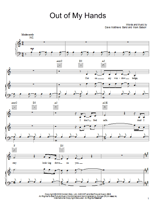 Dave Matthews Band Out Of My Hands sheet music notes and chords. Download Printable PDF.