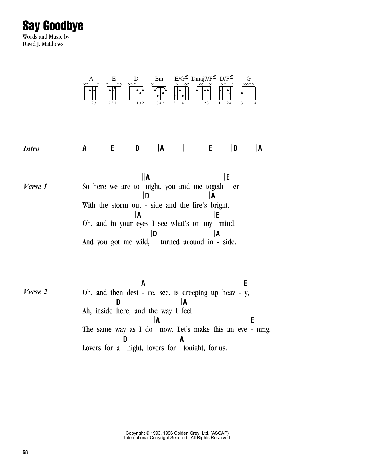 Dave Matthews Band Say Goodbye sheet music notes and chords. Download Printable PDF.