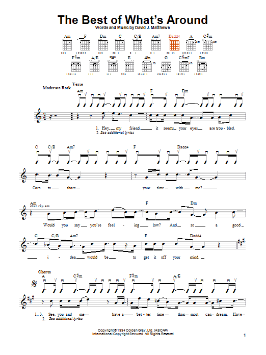 Learn to play Dave Matthews Band The Best Of What's Around sheet music for Piano, Vocal & Guitar Chords (Right-Hand Melody) in minutes. Price: 7.8900$ Dave Matthews Band The Best Of What's Around sheet music notes and chords arranged for Piano, Vocal & Guitar Chords (Right-Hand Melody)