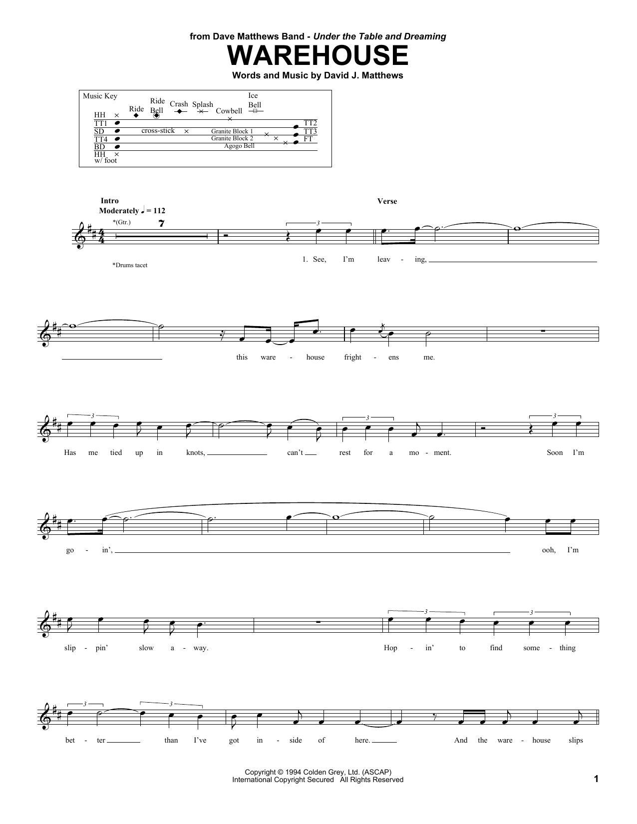 Dave Matthews Band Warehouse sheet music notes and chords. Download Printable PDF.