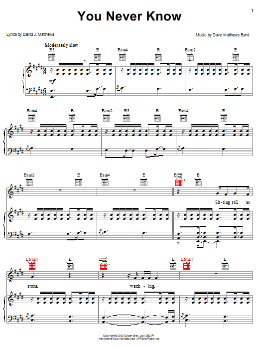 Learn to play Dave Matthews Band You Never Know sheet music for Guitar Tab in minutes. Price: 7.8900$ Dave Matthews Band You Never Know sheet music notes and chords arranged for Guitar Tab