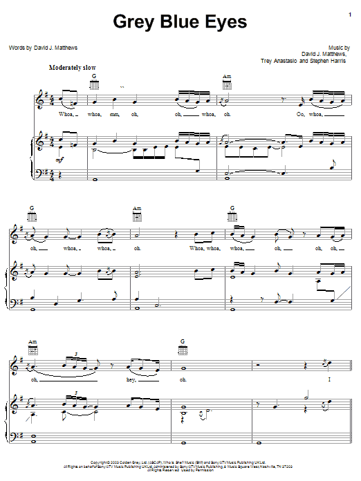 Learn to play Dave Matthews Grey Blue Eyes sheet music for Piano, Vocal & Guitar Chords (Right-Hand Melody) in minutes. Price: 7.8900$ Dave Matthews Grey Blue Eyes sheet music notes and chords arranged for Piano, Vocal & Guitar Chords (Right-Hand Melody)