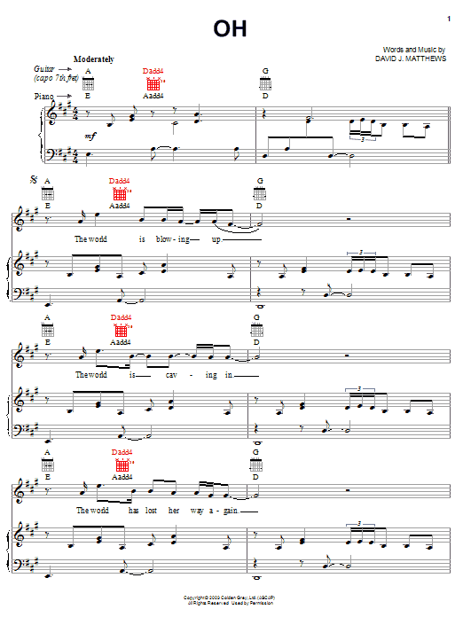 Learn to play Dave Matthews Oh sheet music for Guitar Tab in minutes. Price: 7.8900$ Dave Matthews Oh sheet music notes and chords arranged for Guitar Tab